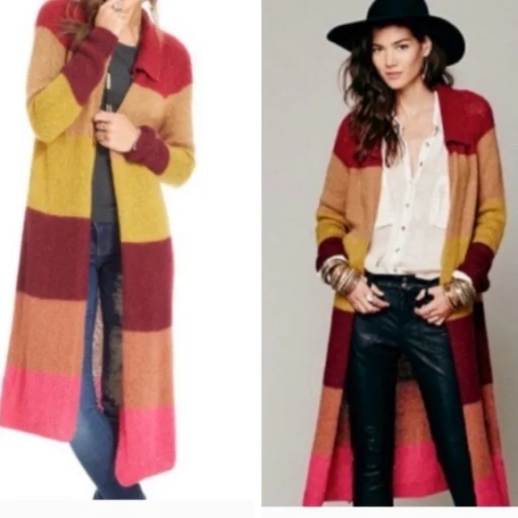 Free People Over Rainbow Striped Long Duster Cardigan Mohair Blend Size Medium - Picture 1 of 8
